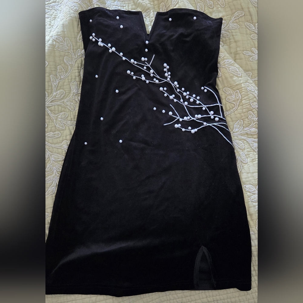 Black Velvet Mini Dress with Pearl On Stem Detailing